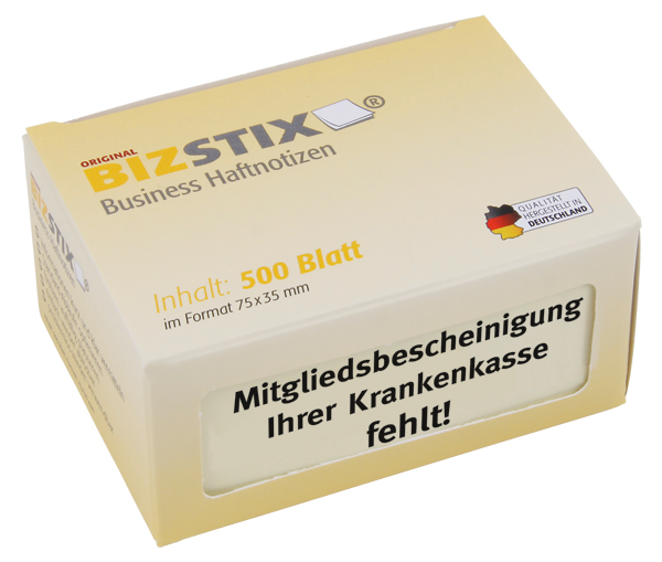 BIZSTIX® Business Haftnotizen "Mitgliedsbescheinigung Ihrer Krankenkasse fehlt!"